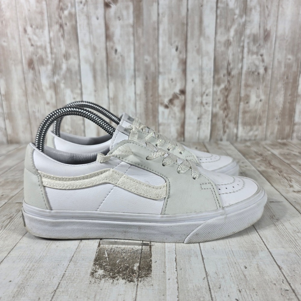 Vans Womens Sk8-Low White Leather Glitter‎ Stripe Sneakers Size 7.5 721356